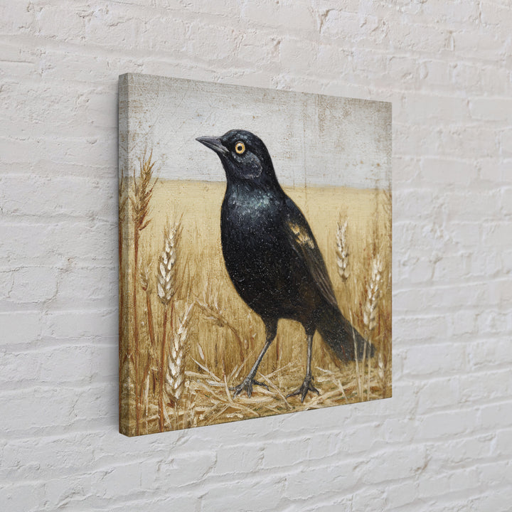 Blackbird on Gold Wheat Field Framed Canvas Print, Bird Art, Nature Prints, Living Room Decor, Watercolor Art, Flight, BIR-1x1-24