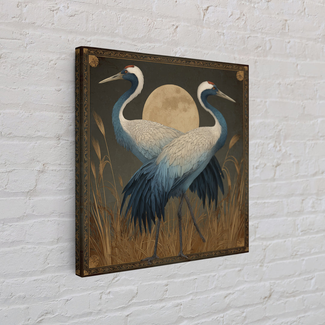 Pair of Cranes Dancing Framed Canvas Print, Bird Art, Living Room Decor, Fine Art, Flight, Rustic Home Decor, Floral Art, BIR-1x1-27