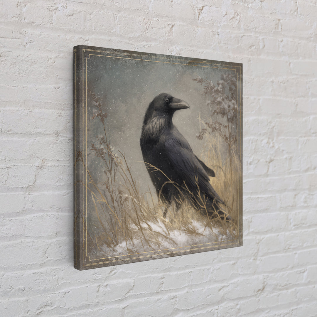 Raven Silhouette with Gothic Atmosphere Framed Canvas Print, Bird Art, Statement Artwork, Living Room Decor, Abstract Art, BIR-1x1-33