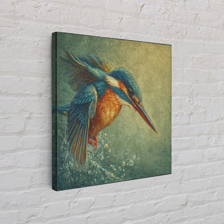 Kingfisher Diving Toward Blue Water Canvas Print, Bird Art, Botanical Wall Art, Living Room Decor, Flight, Forest Wall Art, BIR-1x1-35