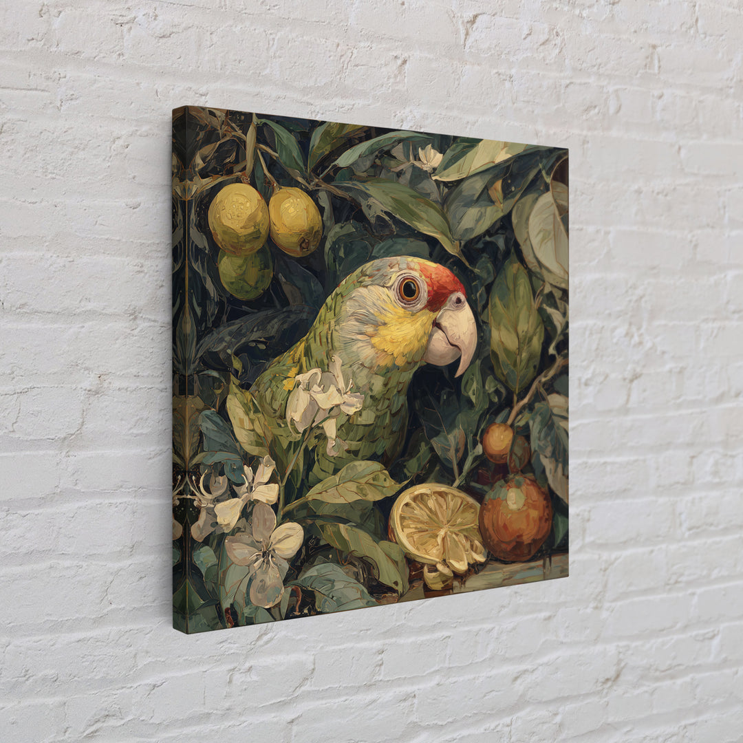 Parrot Among Tropical Leaves and Fruit Framed Canvas Print, Bird Art, Forest Wall Art, Living Room Decor, Oil Painting, Flight, BIR-1x1-37