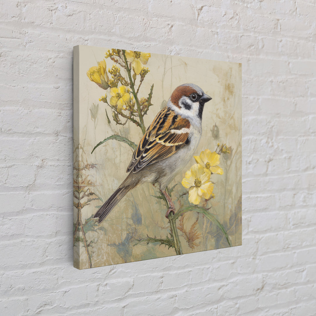 Small Sparrow on Wildflower Stem Framed Canvas Print, Bird Art, Nature Wall Art, Living Room Decor, Fine Art, Flight, BIR-1x1-38