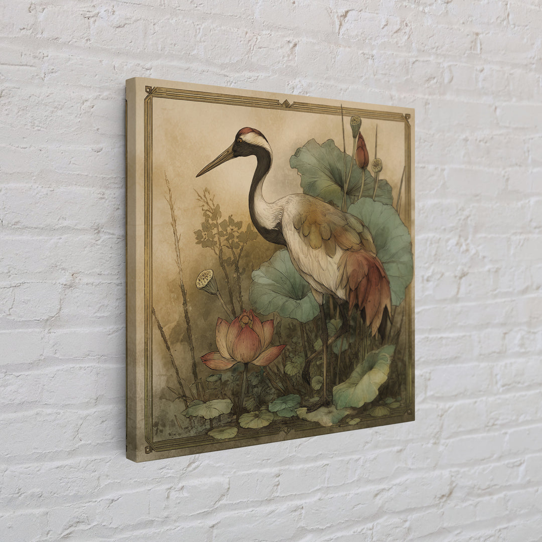 Crane and Lotus Composition Framed Canvas Print, Bird Art, Gallery Decor, Living Room Decor, Fine Art, Flight, Contemporary Art, BIR-1x1-41