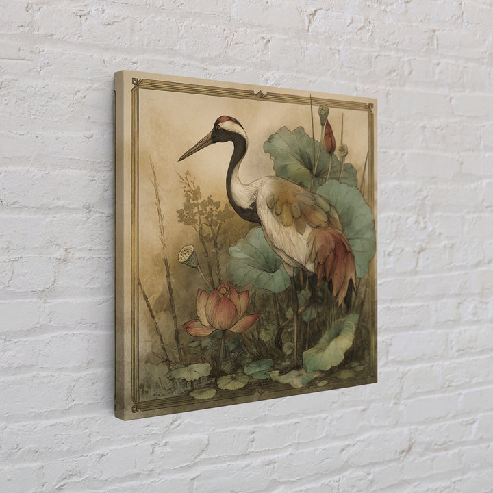 Crane and Lotus Composition Framed Canvas Print, Bird Art, Gallery Decor, Living Room Decor, Fine Art, Flight, Contemporary Art, BIR-1x1-41