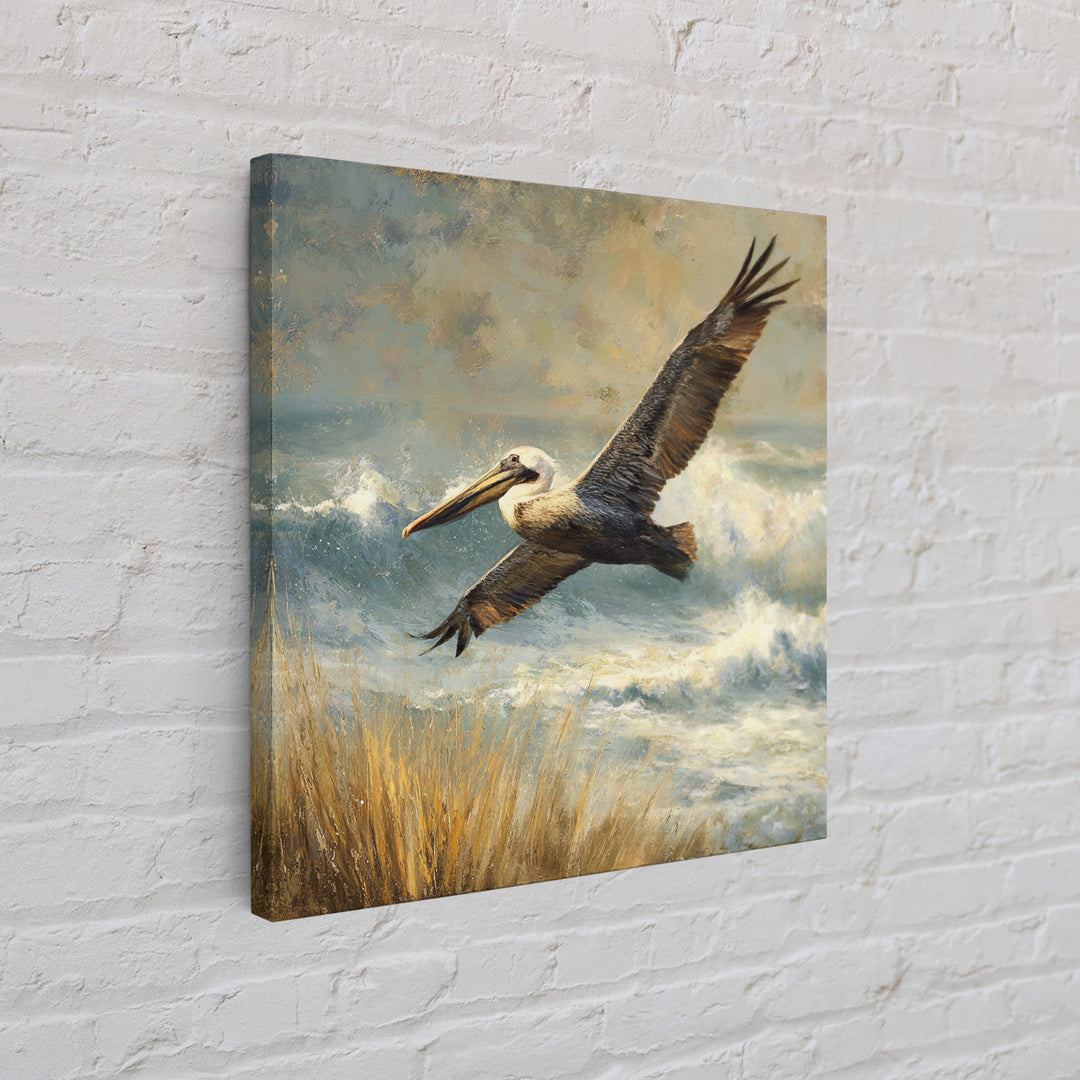Pelican Flying over Coastal Waves Framed Canvas Print, Bird Art, Digital Download Art, Living Room Decor, Abstract Art, Flight, BIR-1x1-42