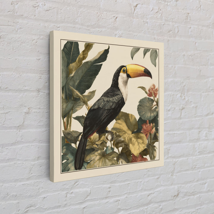 Toucan Framed by Bold Jungle Foliage Framed Canvas Print, Bird Art, Boho Wall Decor, Living Room Decor, Fine Art, Flight, BIR-1x1-47
