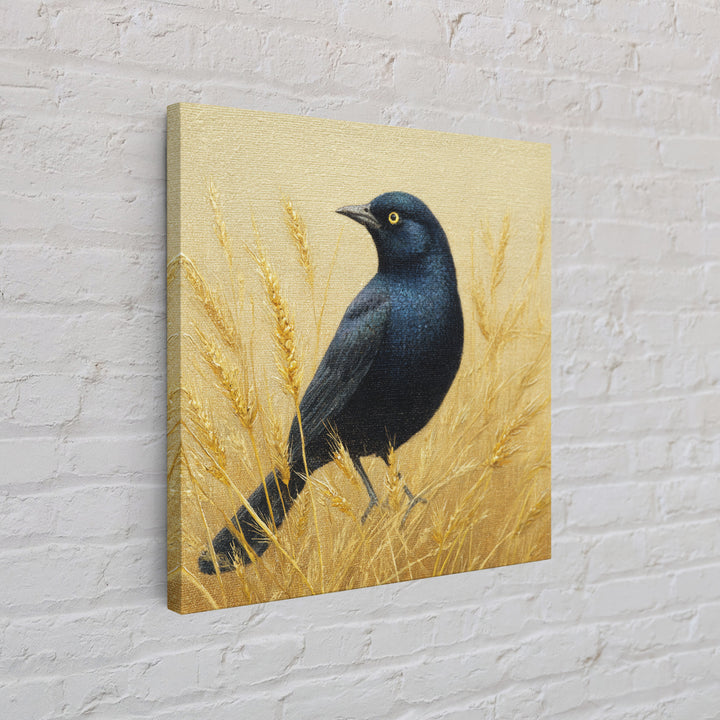 Blackbird on Gold Wheat Field Framed Canvas Print, Bird Art, Wall Decor, Living Room Decor, Fine Art, Flight, Boho Wall Decor, BIR-1x1-48