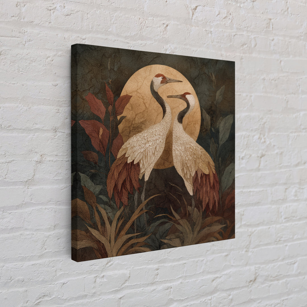 Pair of Cranes Dancing Framed Canvas Print, Bird Art, Nature Wall Art, Living Room Decor, Oil Painting, Flight, BIR-1x1-51