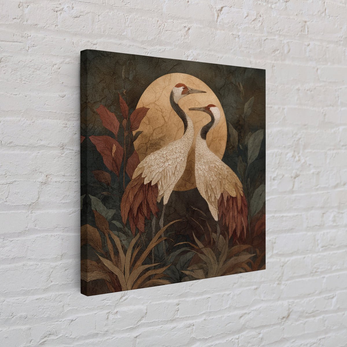 Pair of Cranes Dancing Framed Canvas Print, Bird Art, Nature Wall Art, Living Room Decor, Oil Painting, Flight, BIR-1x1-51