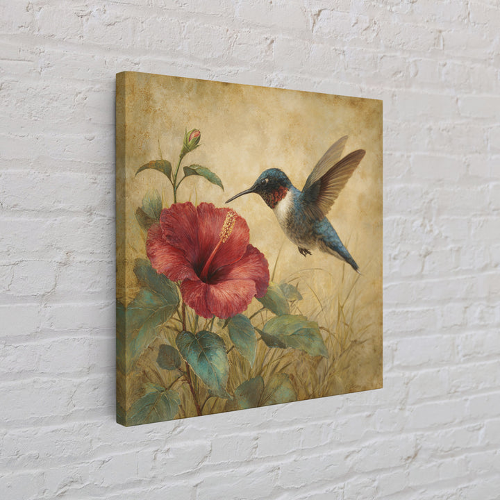Hummingbird Hovering Beside Bright Hibiscus Framed Canvas Print, Bird Art, Gallery Wall, Living Room Decor, Fine Art, Flight, BIR-1x1-52