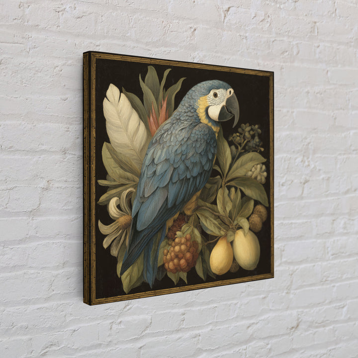 Parrot Among Tropical Leaves and Fruit Framed Canvas Print, Bird Art, Forest Wall Art, Living Room Decor, Oil Painting, Flight, BIR-1x1-61