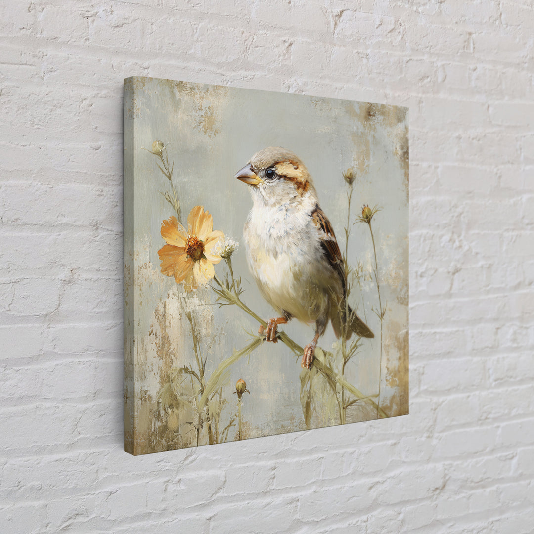 Small Sparrow on Wildflower Stem Framed Canvas Print, Bird Art, Nature Wall Art, Living Room Decor, Fine Art, Flight, BIR-1x1-62