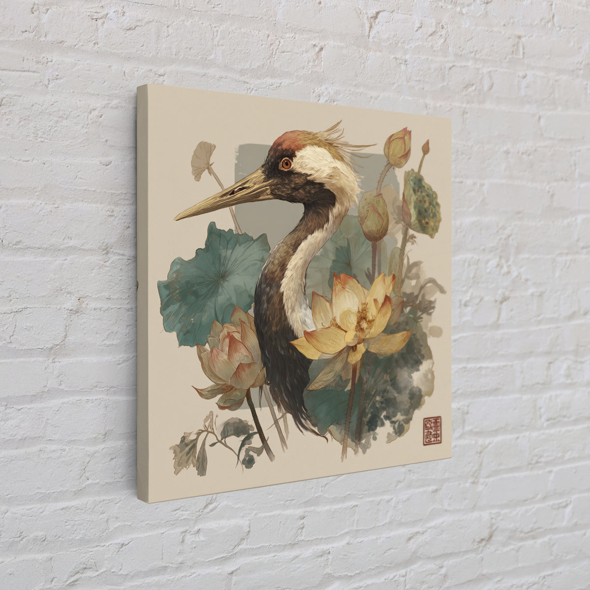 Crane and Lotus Composition Framed Canvas Print, Bird Art, Gallery Decor, Living Room Decor, Fine Art, Flight, Contemporary Art, BIR-1x1-65