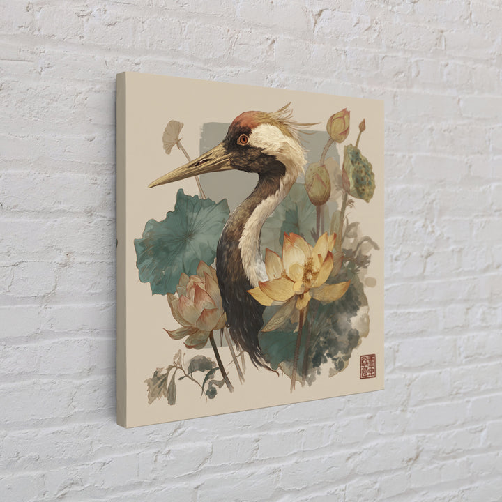 Crane and Lotus Composition Framed Canvas Print, Bird Art, Gallery Decor, Living Room Decor, Fine Art, Flight, Contemporary Art, BIR-1x1-65