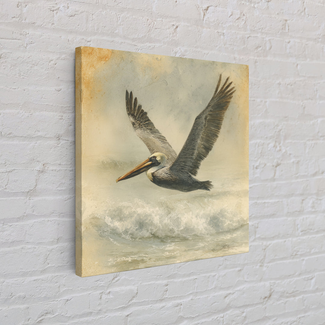 Pelican Flying over Coastal Waves Framed Canvas Print, Bird Art, Digital Download Art, Living Room Decor, Abstract Art, Flight, BIR-1x1-66