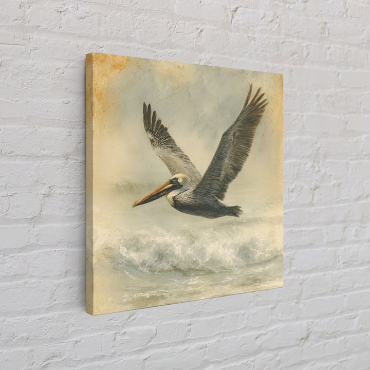 Pelican Flying over Coastal Waves Framed Canvas Print, Bird Art, Digital Download Art, Living Room Decor, Abstract Art, Flight, BIR-1x1-66