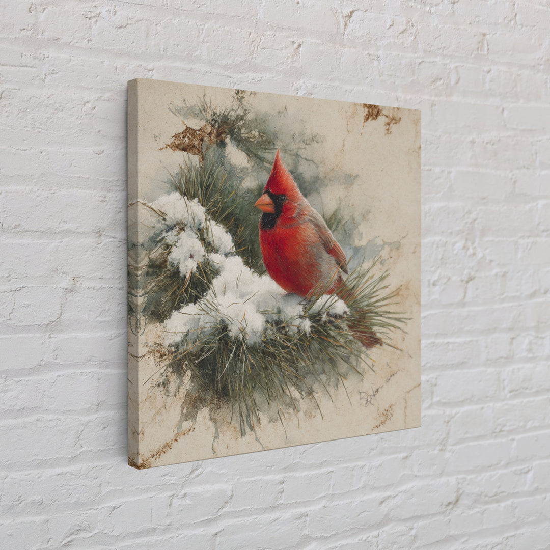 Red Cardinal on Snowy Pine Branch Framed Canvas Print, Bird Art, Art Print, Living Room Decor, Fine Art, Flight, Original Art, BIR-1x1-73
