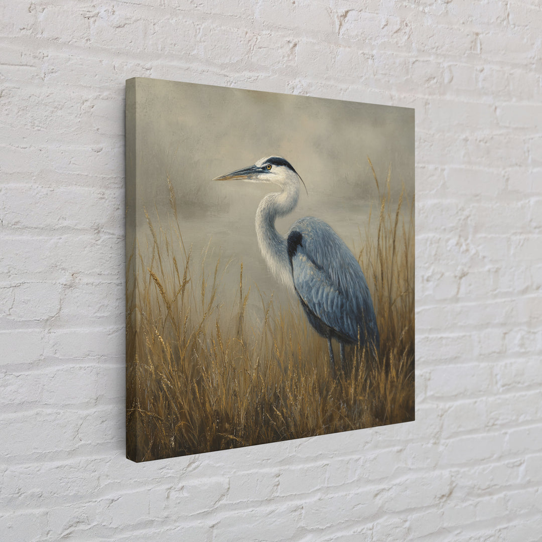 Blue Heron in Misty Marsh Grass Framed Canvas Print, Bird Art, Forest Wall Art, Living Room Decor, Flight, Minimalist Decor, BIR-1x1-74
