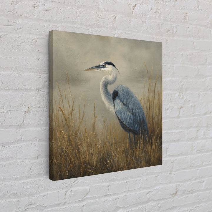 Blue Heron in Misty Marsh Grass Framed Canvas Print, Bird Art, Forest Wall Art, Living Room Decor, Flight, Minimalist Decor, BIR-1x1-74