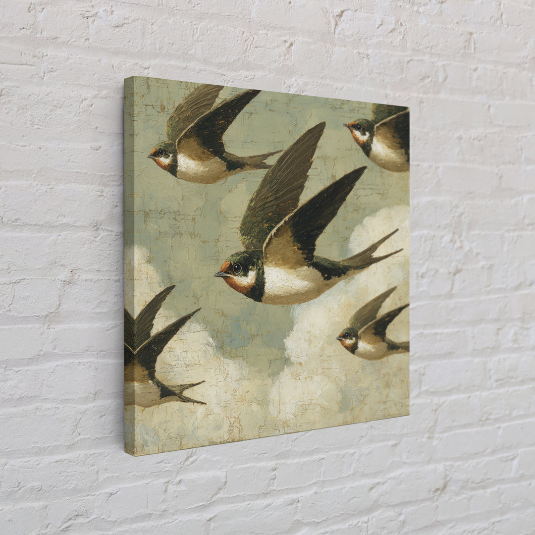 Flock of Swallows Sweeping Across Open Sky Framed Canvas Print, Bird Art, Gallery Decor, Living Room Decor, Fine Art, Flight, BIR-1x1-78