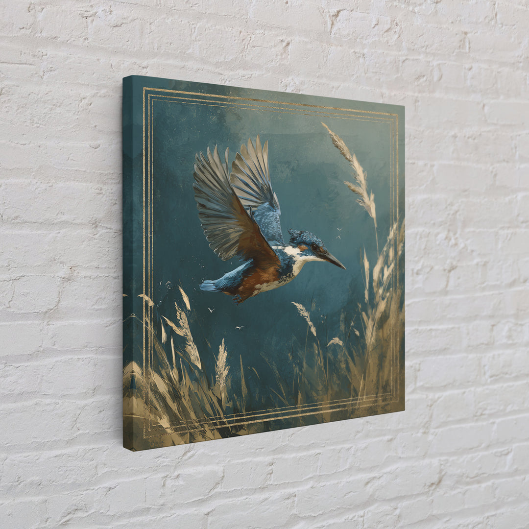 Kingfisher Diving Toward Blue Water Framed Canvas Print, Bird Art, Statement Artwork, Living Room Decor, Fine Art, Flight, BIR-1x1-83