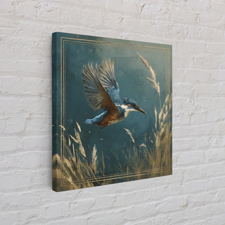 Kingfisher Diving Toward Blue Water Framed Canvas Print, Bird Art, Statement Artwork, Living Room Decor, Fine Art, Flight, BIR-1x1-83