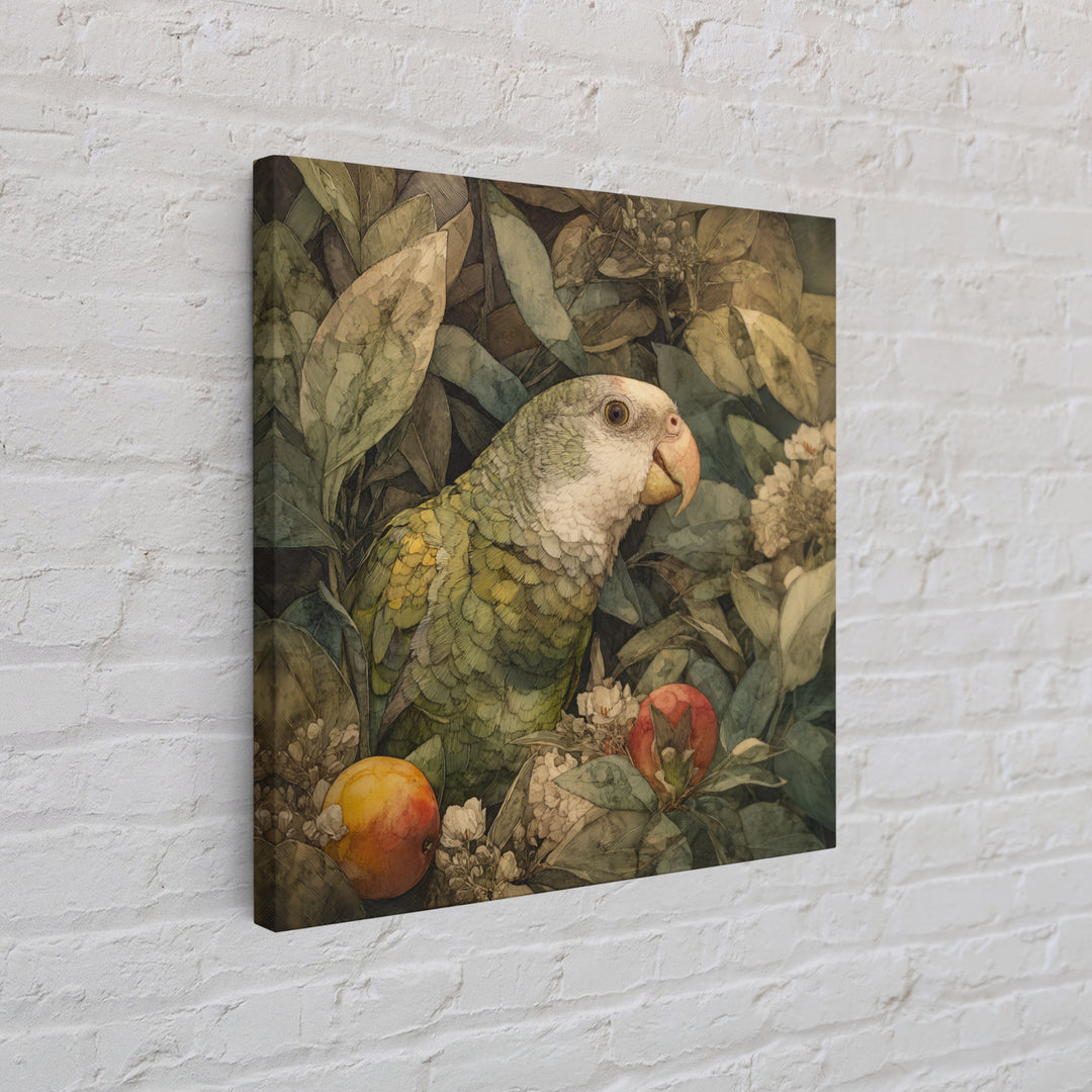 Parrot Among Tropical Leaves and Fruit Canvas Print, Bird Art, Boho Decor, Living Room Decor, Fine Art, Flight, BIR-1x1-85