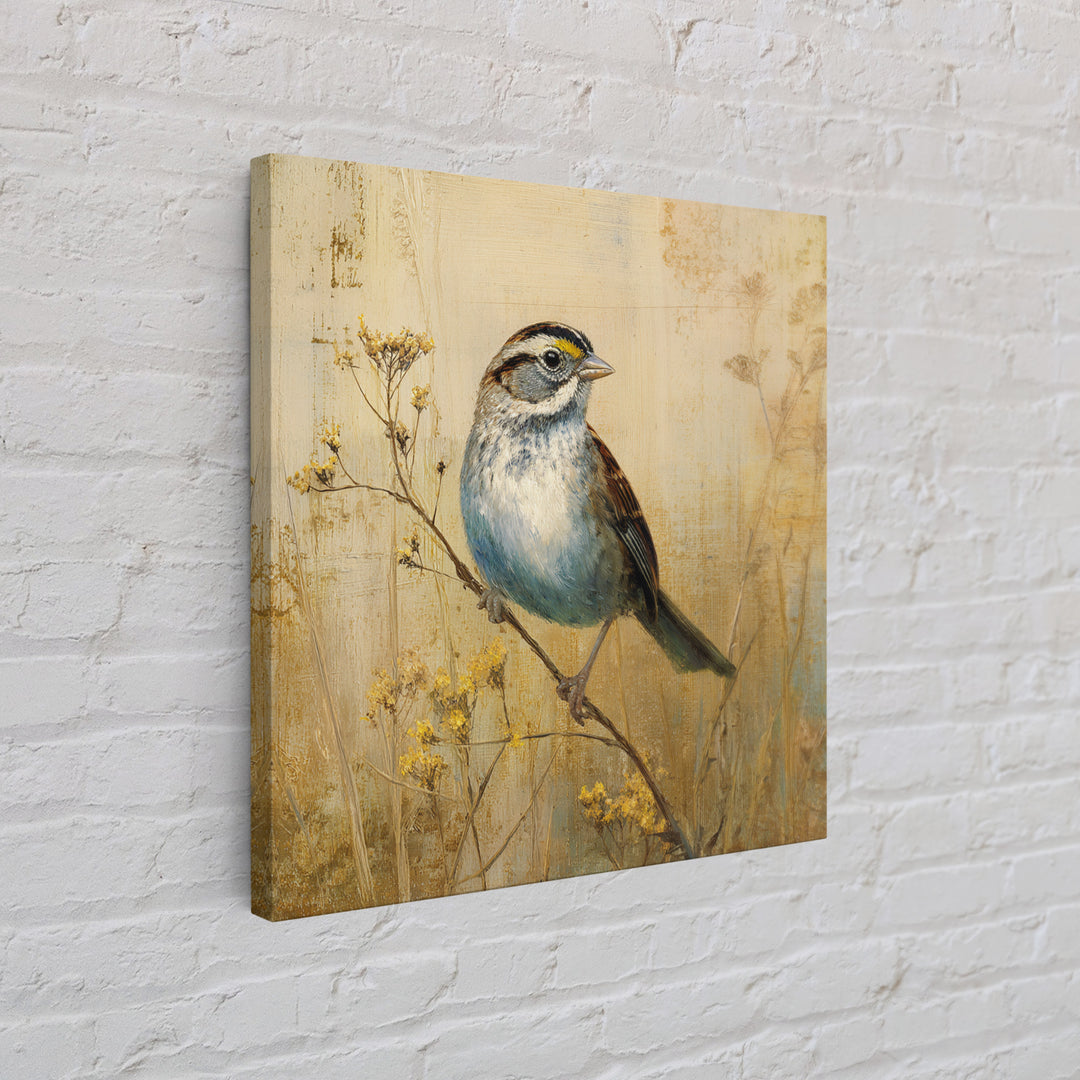 Small Sparrow on Wildflower Stem Canvas Print, Bird Art, Modern Decor, Living Room Decor, Oil Painting, Flight, Home Decor, BIR-1x1-86