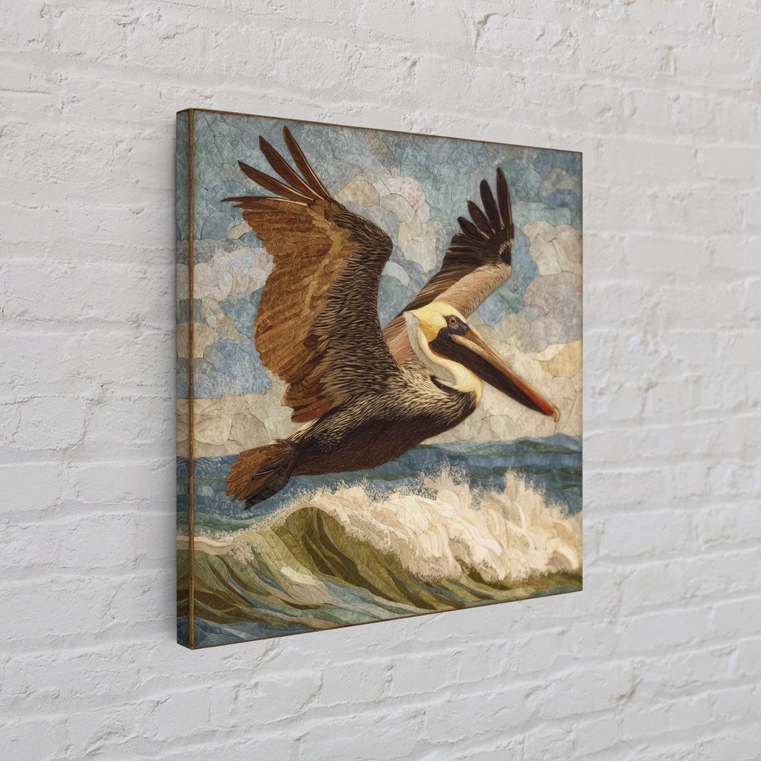 Pelican Flying over Coastal Waves Canvas Print, Bird Art, Rustic Home Decor, Living Room Decor, Fine Art, Flight, BIR-1x1-90