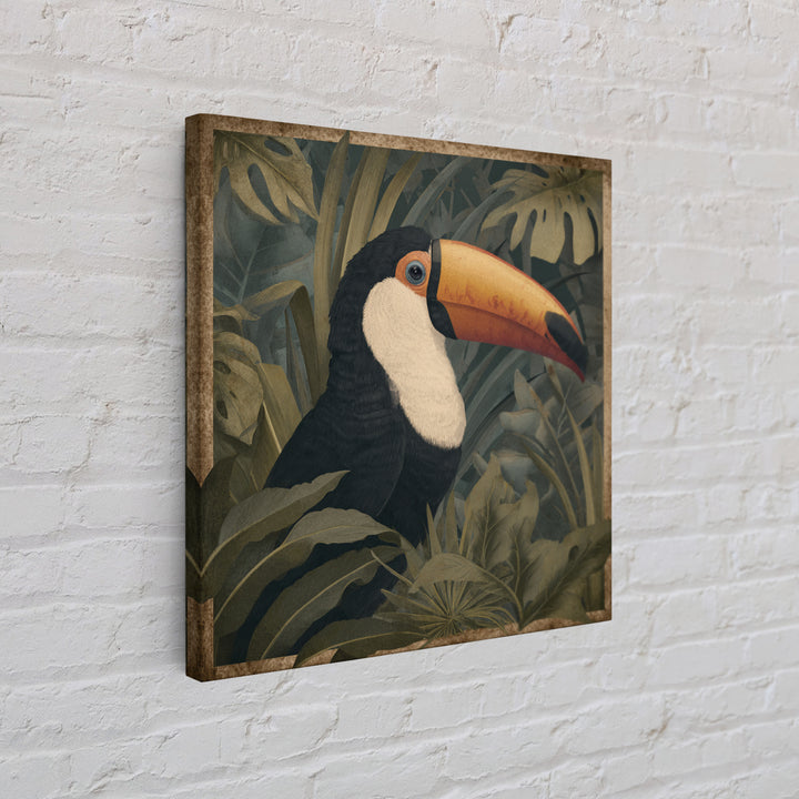 Toucan Framed by Bold Jungle Foliage Canvas Print, Bird Art, Neutral Decor, Living Room Decor, Fine Art, Flight, Wall Art, BIR-1x1-95