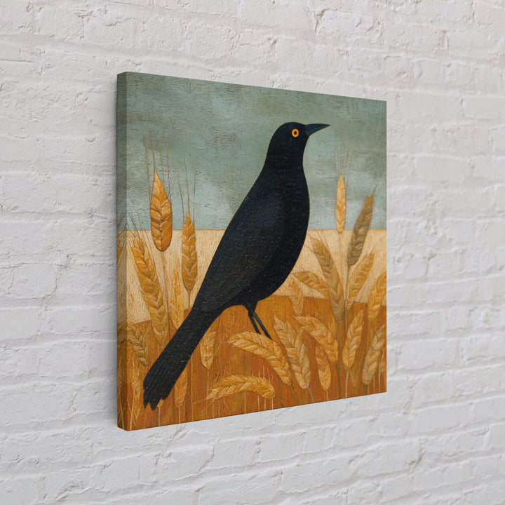 Blackbird on Gold Wheat Field Framed Canvas Print, Bird Art, Printable Wall Art, Living Room Decor, Fine Art, Flight, BIR-1x1-96