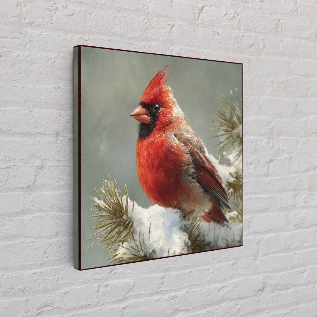 Red Cardinal on Snowy Pine Branch Canvas Print, Bird Art, Wall Art, Living Room Decor, Fine Art, Flight, Japanese Wall Art, BIR-1x1-97