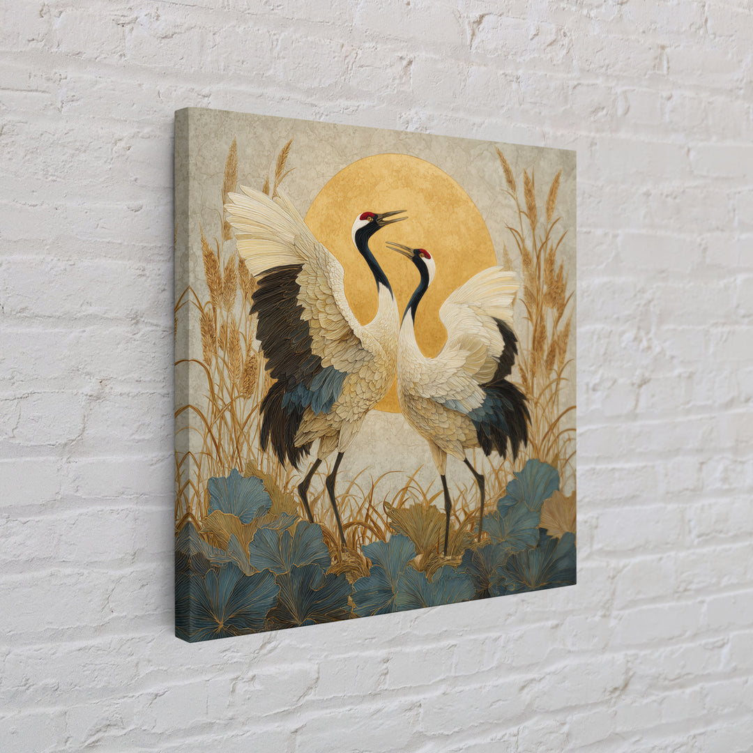 Pair of Cranes Dancing Canvas Print, Bird Art, Wall Art, Living Room Decor, Flight, Japanese Wall Art, Modern Wall Art, BIR-1x1-99