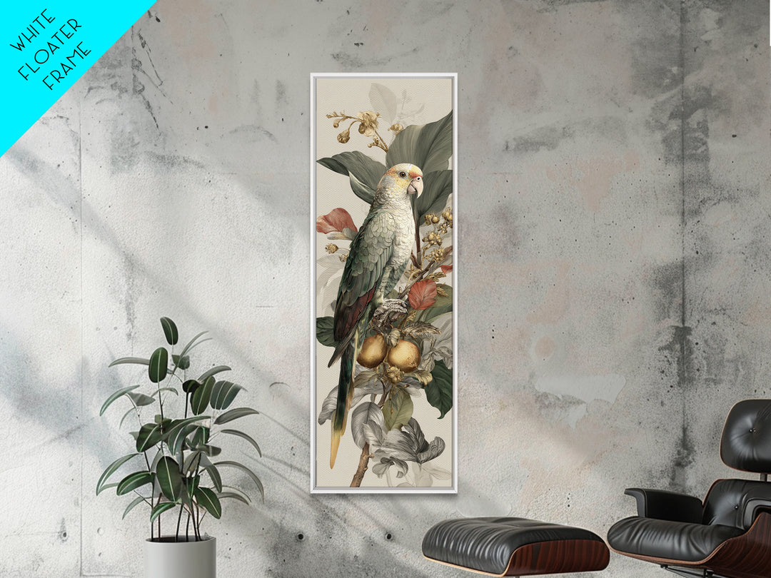 Parrot Among Tropical Leaves and Fruit Canvas Print, Bird Art, Living Room Art, Living Room Decor, Watercolor Art, Flight, BIR-1x3-1