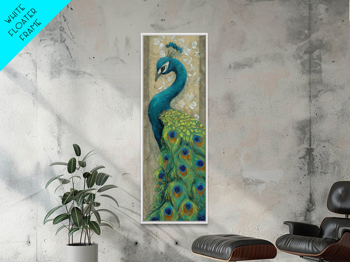 Peacock with Jewel Tone Feather Pattern Framed Canvas Print, Bird Art, Wall Decor, Living Room Decor, Fine Art, Flight, BIR-1x3-19