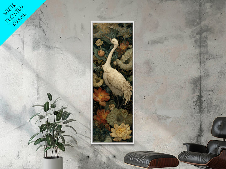 Crane and Lotus Composition Framed Canvas Print, Bird Art, Modern Decor, Living Room Decor, Fine Art, Flight, Home Decor, BIR-1x3-29