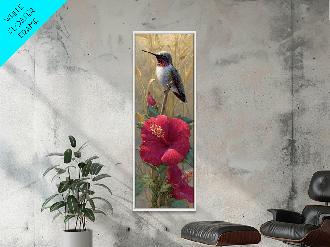 Hummingbird Hovering Beside Bright Hibiscus Canvas Print, Bird Art, Printable Wall Art, Living Room Decor, Fine Art, Flight, BIR-1x3-40