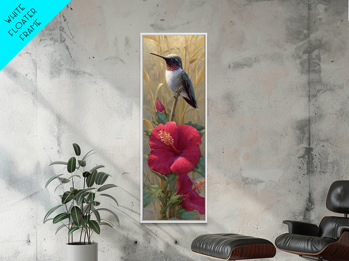 Hummingbird Hovering Beside Bright Hibiscus Canvas Print, Bird Art, Printable Wall Art, Living Room Decor, Fine Art, Flight, BIR-1x3-40