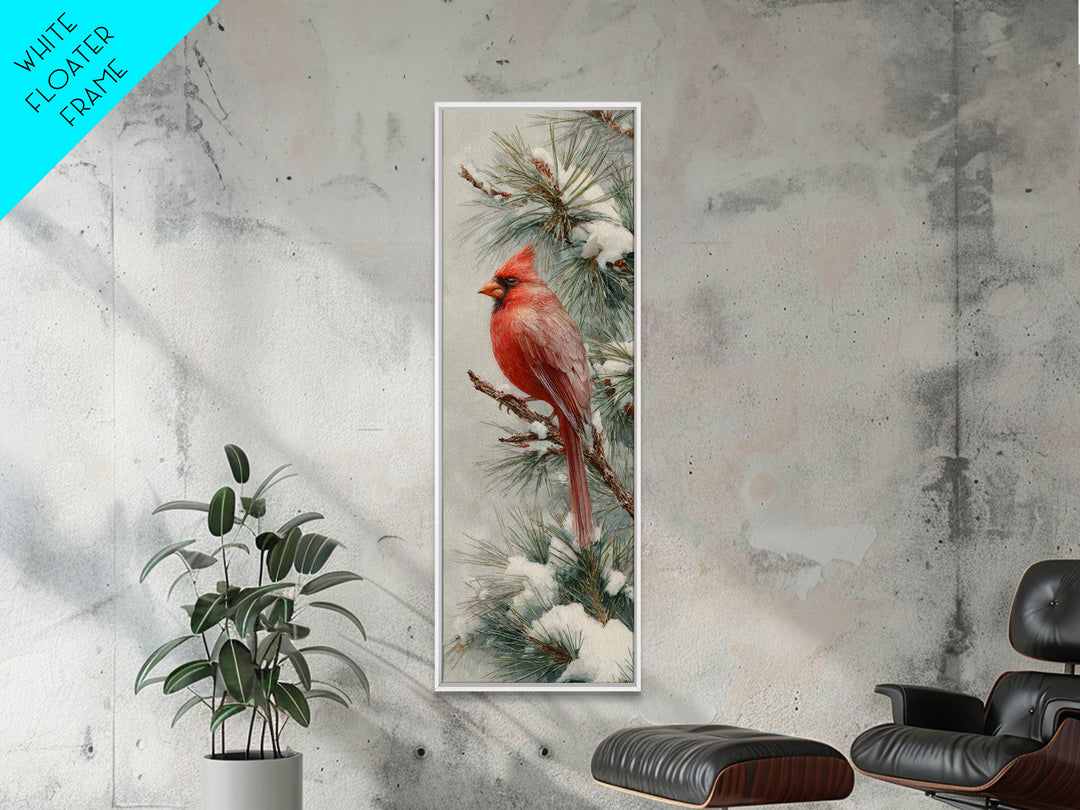Red Cardinal on Snowy Pine Branch Framed Canvas Print, Bird Art, Textured Painting, Living Room Decor, Watercolor Art, Flight, BIR-1x3-61