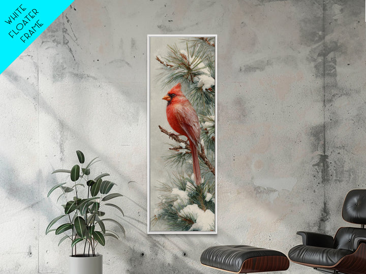 Red Cardinal on Snowy Pine Branch Framed Canvas Print, Bird Art, Textured Painting, Living Room Decor, Watercolor Art, Flight, BIR-1x3-61