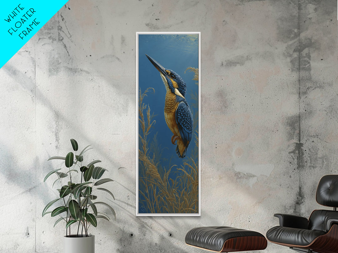 Kingfisher Diving Toward Blue Water Framed Canvas Print, Bird Art, Bird Prints, Living Room Decor, Flight, Modern Decor, BIR-1x3-71