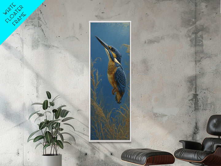 Kingfisher Diving Toward Blue Water Framed Canvas Print, Bird Art, Bird Prints, Living Room Decor, Flight, Modern Decor, BIR-1x3-71