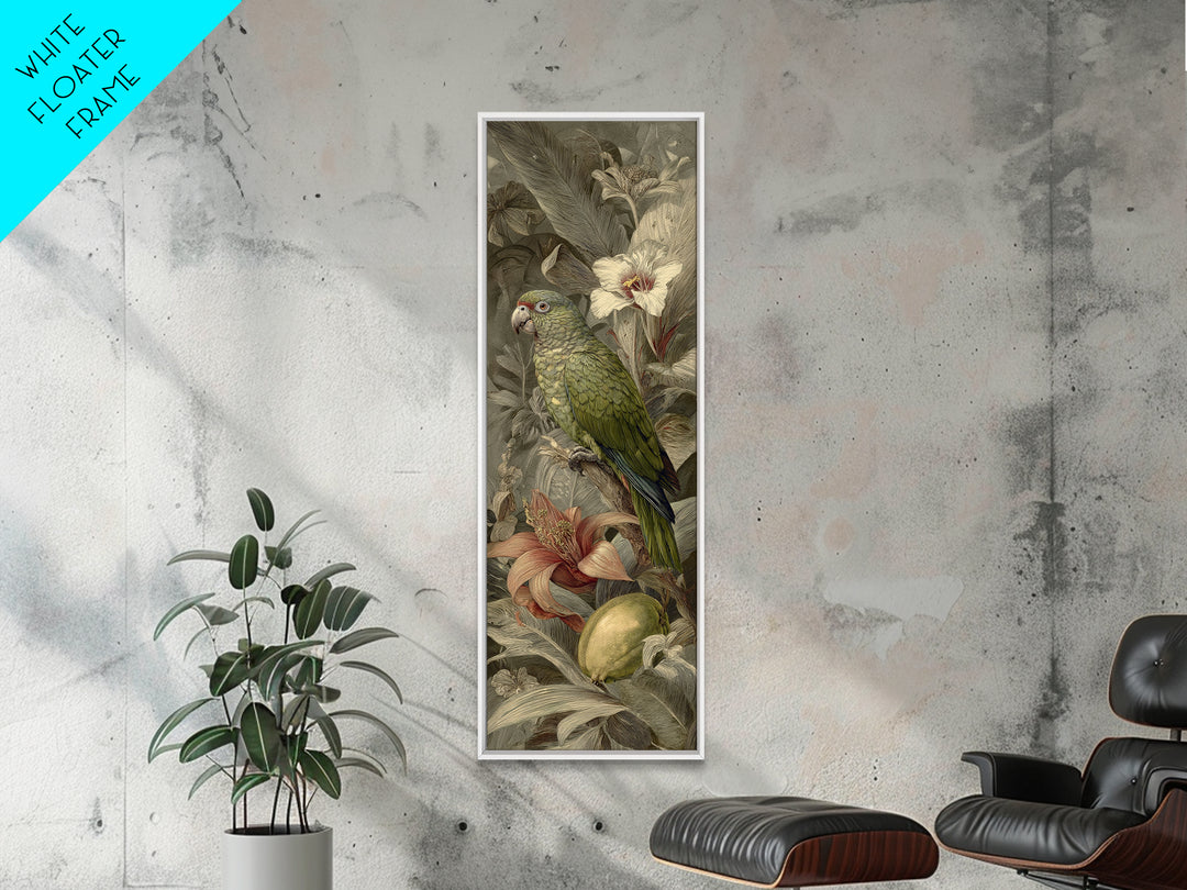 Parrot Among Tropical Leaves and Fruit Canvas Print, Bird Art, Mid Century Modern, Living Room Decor, Fine Art, Flight, BIR-1x3-73
