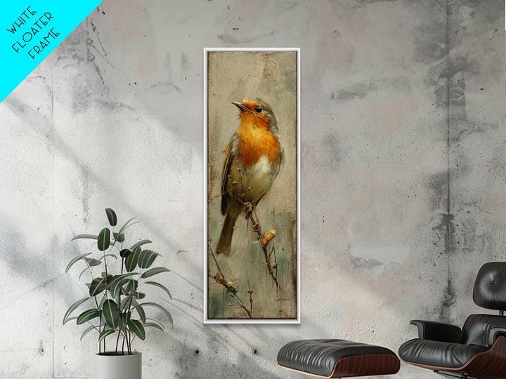 Robin in a Spring Garden with Soft Framed Canvas Print, Bird Art, Mid Century Wall Art, Living Room Decor, Oil Painting, Flight, BIR-1x3-75