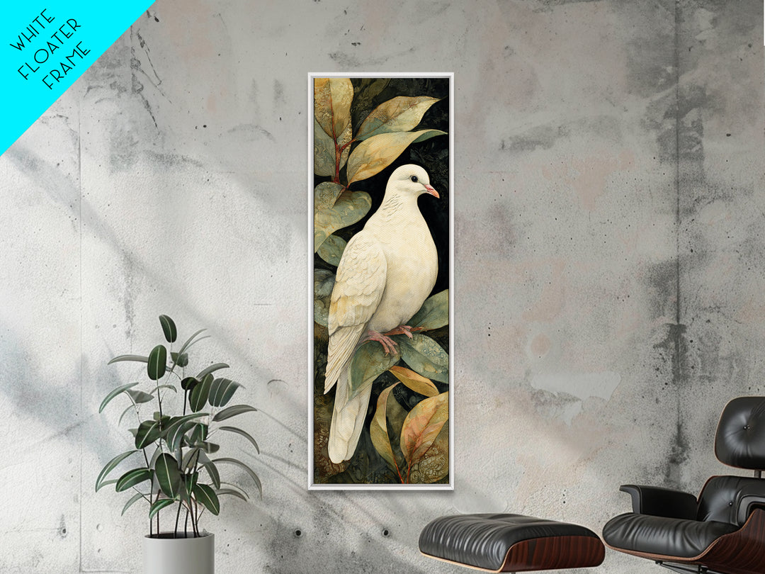 White Dove with Olive Branch and Calm Framed Canvas Print, Bird Art, Japanese Wall Art, Living Room Decor, Fine Art, Flight, BIR-1x3-76