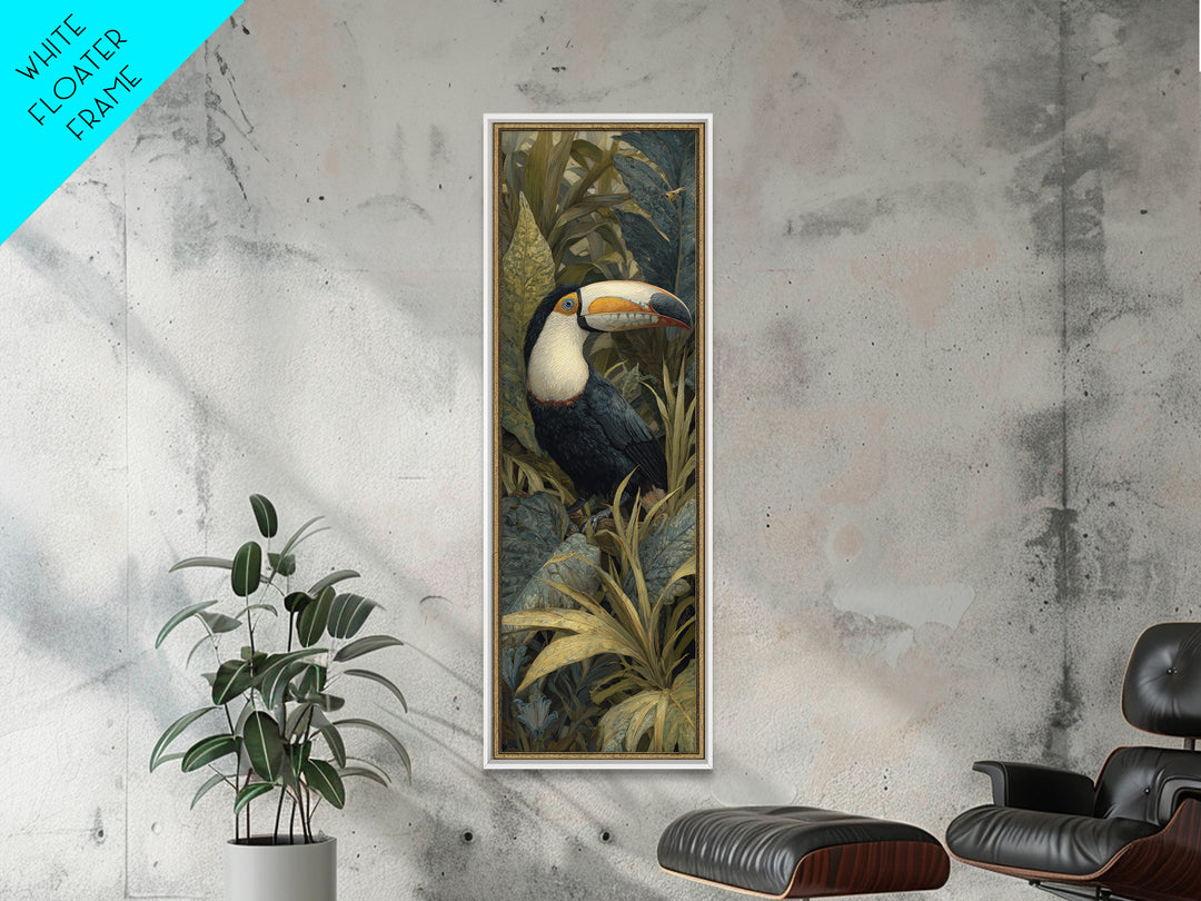 Toucan Framed by Bold Jungle Foliage Framed Canvas Print, Bird Art, Botanical Wall Art, Living Room Decor, Fine Art, Flight, BIR-1x3-83