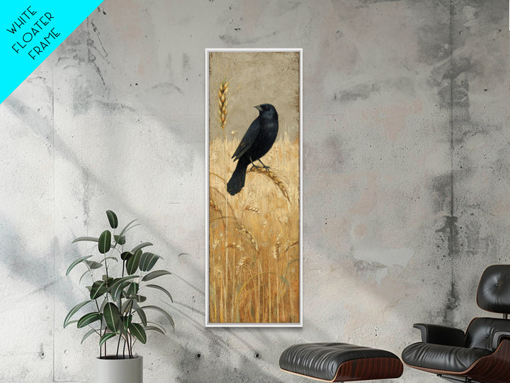 Blackbird on Gold Wheat Field Framed Canvas Print, Bird Art, Printable Art, Living Room Decor, Flight, Mid Century Wall Art, BIR-1x3-84