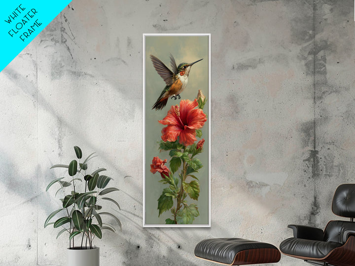Hummingbird Hovering Beside Bright Hibiscus Canvas Print, Bird Art, Living Room Decor, Fine Art, Flight, Rustic Home Decor, BIR-1x3-88