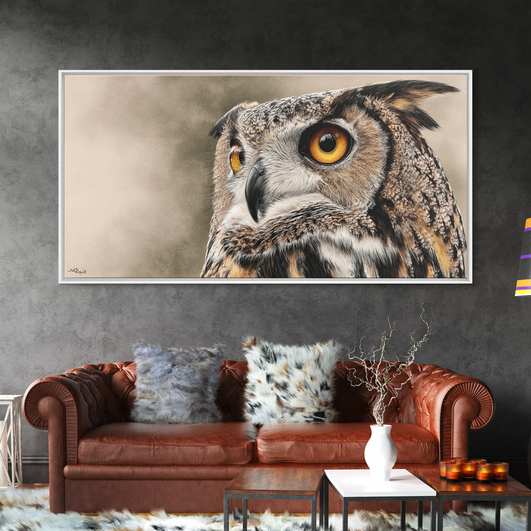 Owl Portrait with Wise Golden Eyes Framed Canvas Print, Bird Art, Home Decor, Living Room Decor, Flight, Modern Wall Art, BIR-2x1-1
