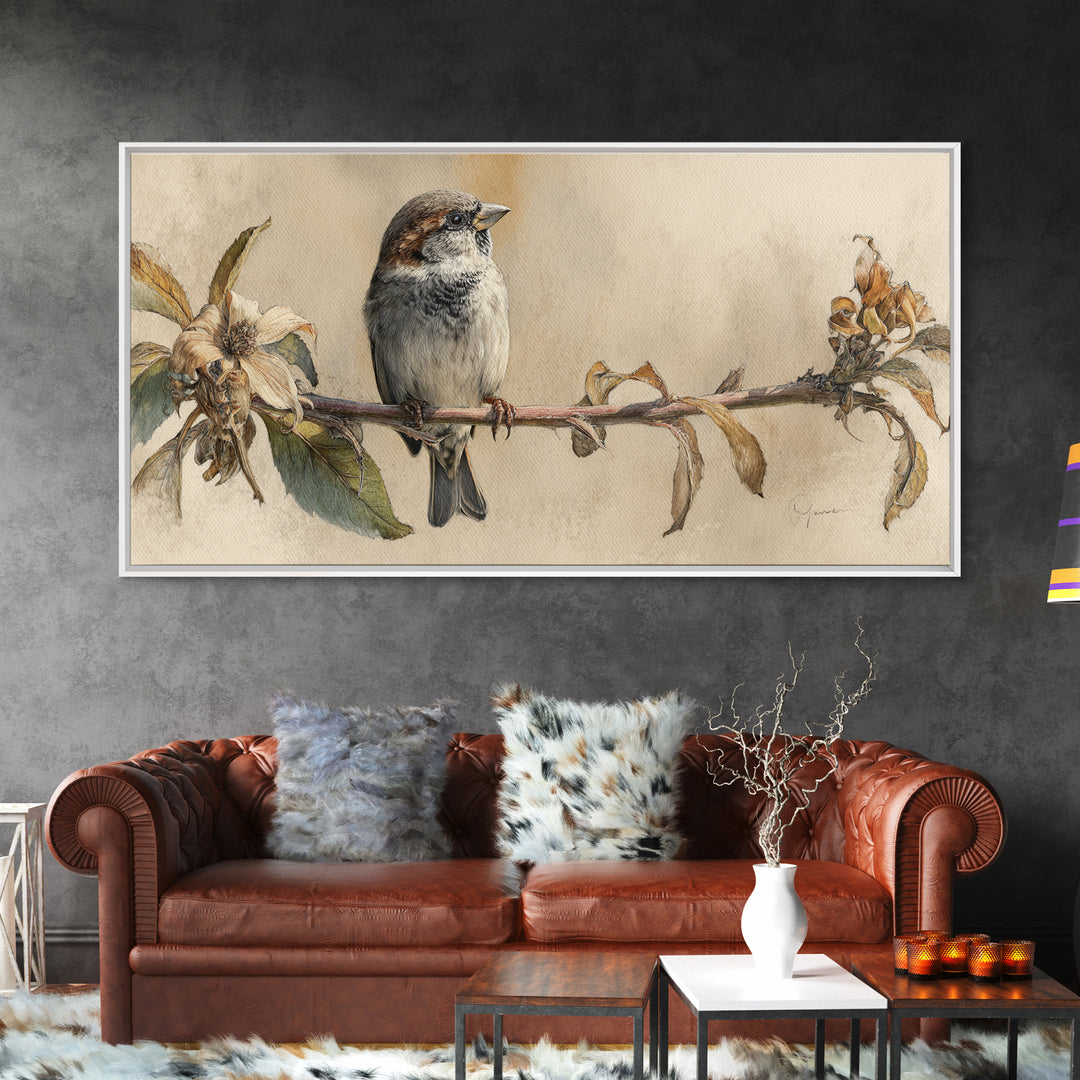 Small Sparrow on Wildflower Stem Framed Canvas Print, Bird Art, Art Print, Living Room Decor, Watercolor Art, Flight, BIR-2x1-10